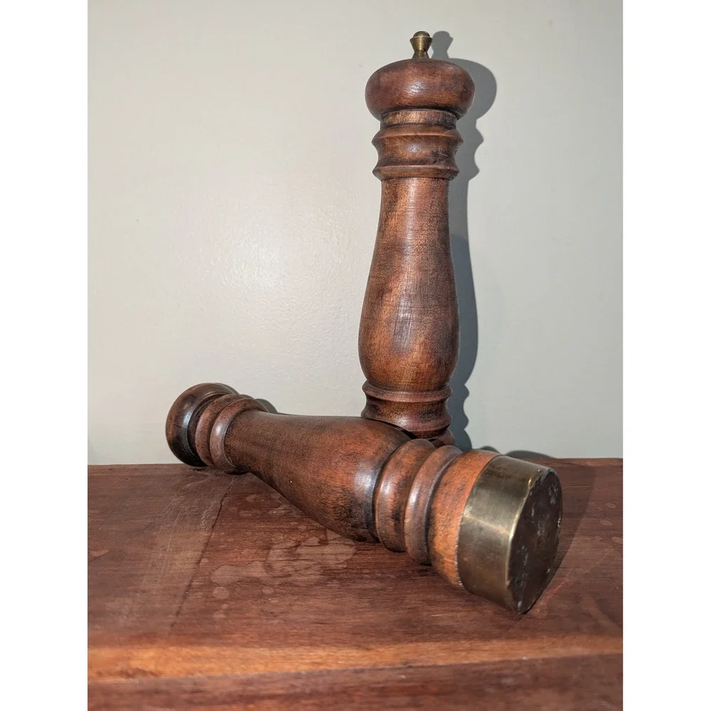 Vintage Wood Salt and Pepper Mill Set Brass Accents Made in Japan Mid Century